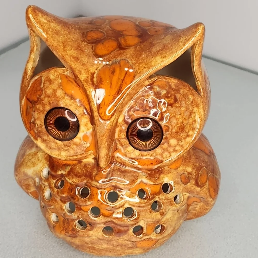 Ceramic owl drip glaze orange luminaria retro orange tealight‎ candle holder